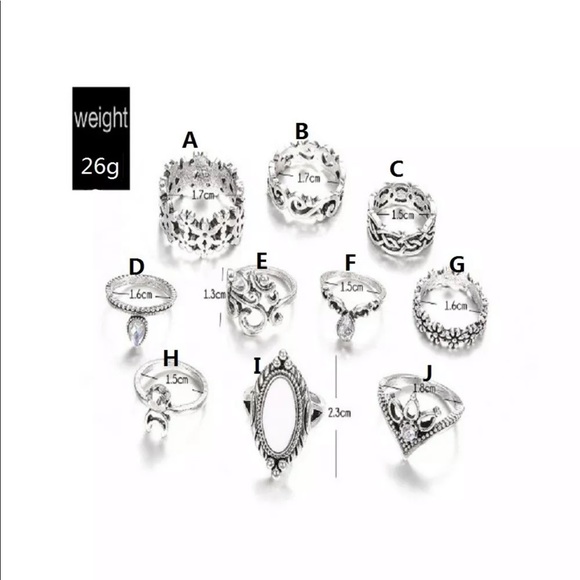 10 Pcs/Set Boho Antique Silver Crystal Rings - Picture 3 of 8